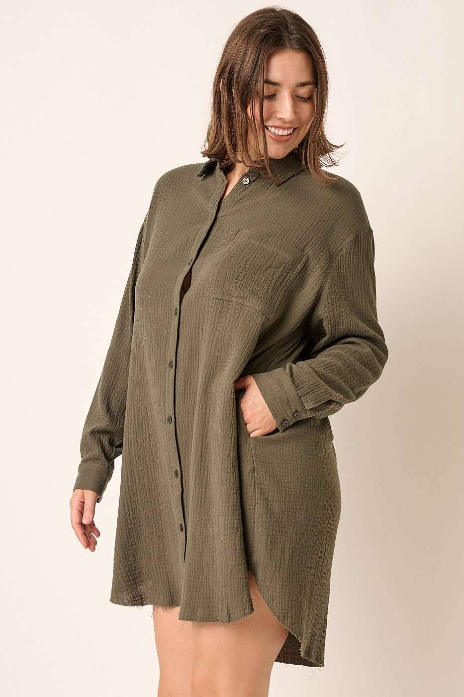 PLUS GAUZE OVERSIZED LONG SLEEVE SHIRT DRESS