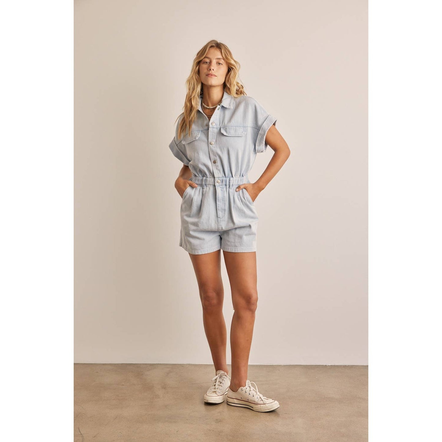 🎉SALE!!🎉 DENIM WASHED ROMPER WITH FRONT BUTTON DOWN DETAIL