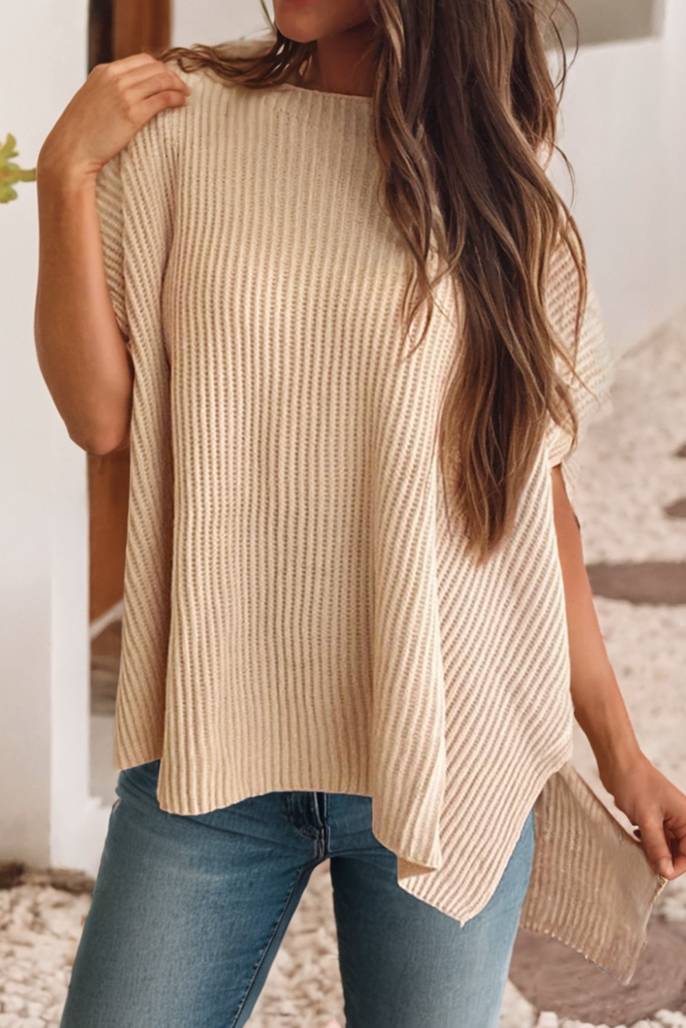 Short Sleeve Side Slit Oversized Sweater