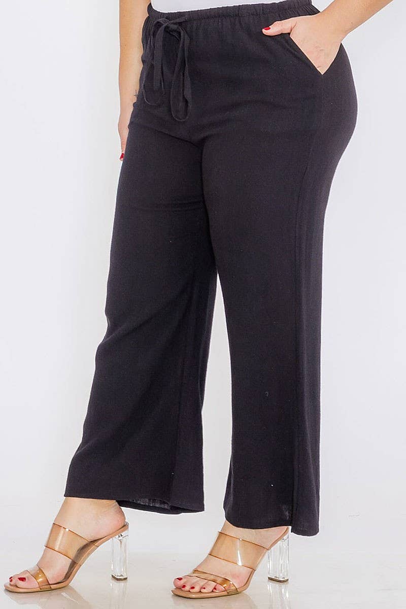 ELASTIC WAIST FRONT POCKETS WIDE LEG LINEN PANTS