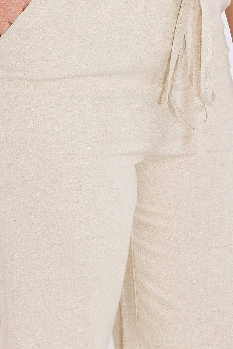 ELASTIC WAIST FRONT POCKETS WIDE LEG LINEN PANTS
