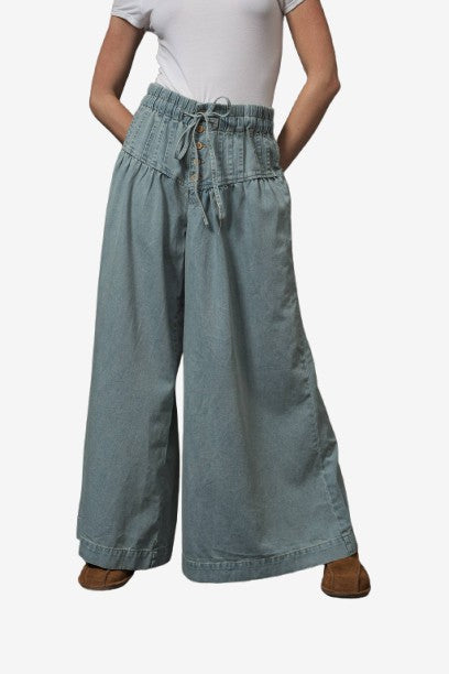 YOKE PINTUCK WIDE LEG DENIM PANTS