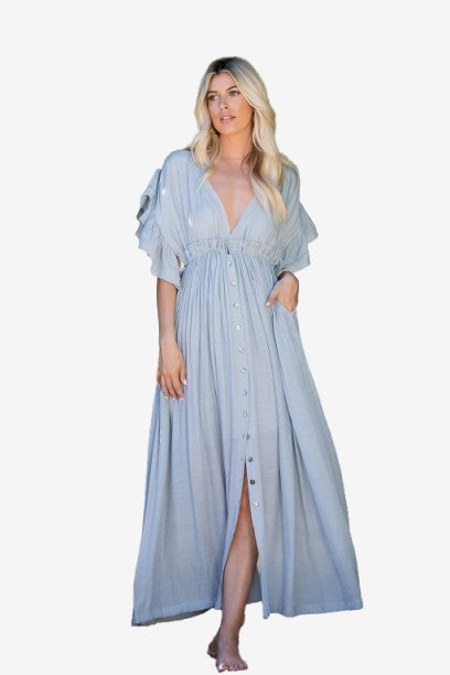 🎉SALE!!! 🎉 DEEP V NECKLINE BUTTON DOWN FLOWY MAXI DRESS