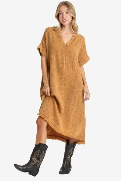 🎉SALE!!🎉 Mineral Wash Cotton Gauze Split Neck Midi Dress
