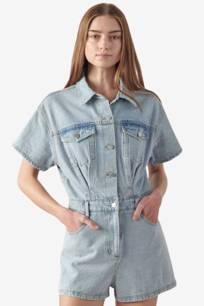 Plus Size Wash Denim Short Sleeve Romper