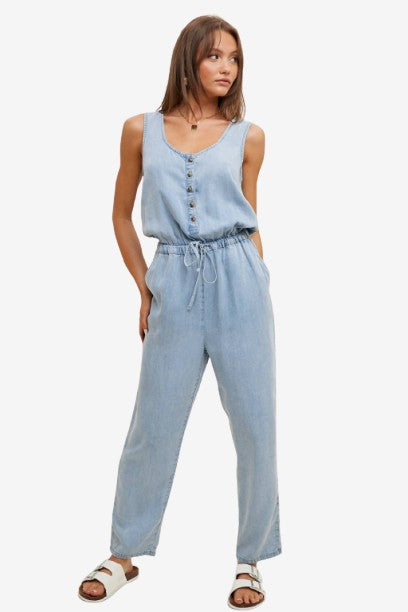 WASHED TENCEL BUTTON-UP TANK JUMPSUIT