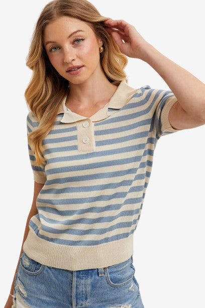 STRIPED CONTRAST KNIT POLO SHIRT