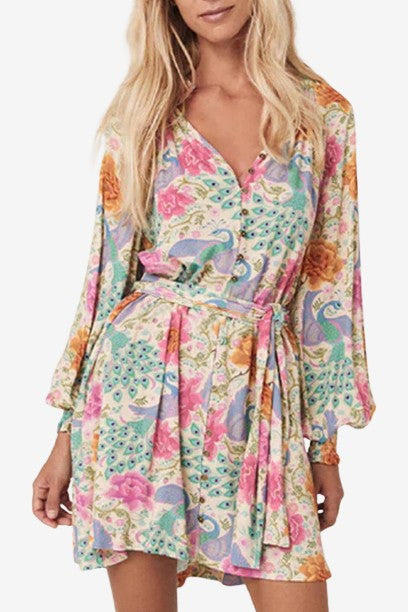 Floral Bubble Sleeve Mini Dress