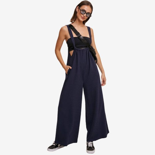 Adjustable Strap Loose Fit Knit Jumpsuit with Wide Legs and