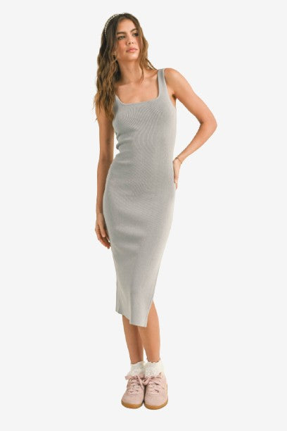 SQUARE NECK KNIT FITTED SLIT DRESS