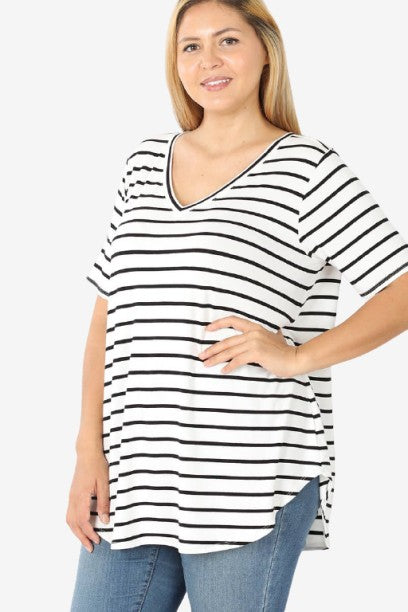 Plus Stripe V Neck Short Sleeve Top