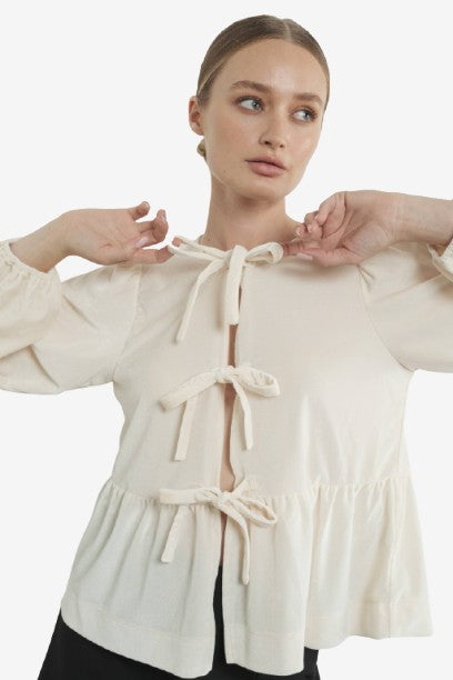 VELVET BOW TIE PEPLUM BLOUSE