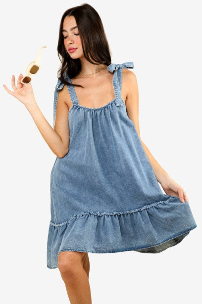 Shoulder Tie Washed Denim Mini Dress