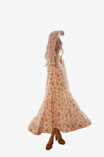 Rayon Dobby Floral Print Neck Keyhole Maxi Dress