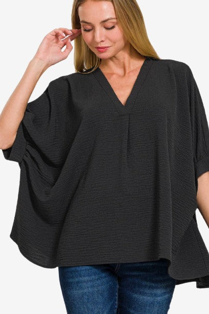 PLUS SIZE WOVEN AIRFLOW V-NECK PUFF HALF SLEEVE TOPh