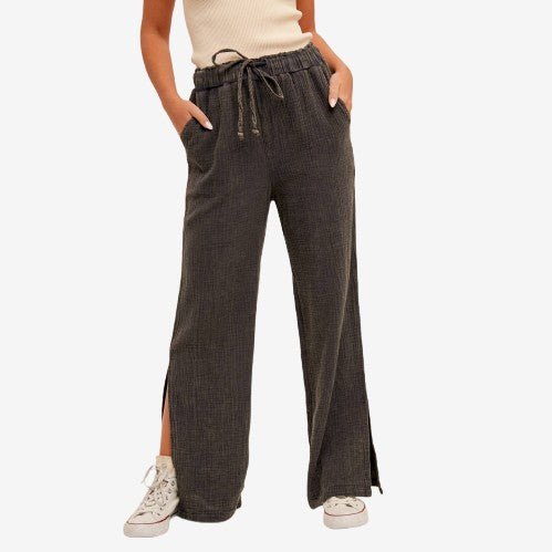SNOW WASHED ELASTIC WAISTBAND SLIT SIDE PULL-ON PANTS