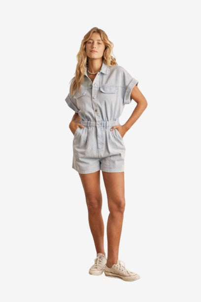 🎉SALE!!🎉 DENIM WASHED ROMPER WITH FRONT BUTTON DOWN DETAIL
