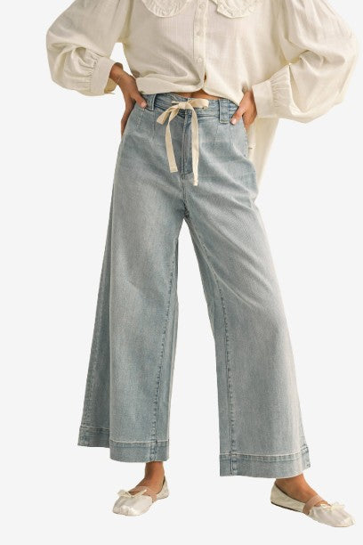 WASHED DENIM WITH TIE FRONT PANTS