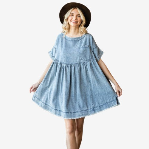 Oversize Pleated Denim Short Dress