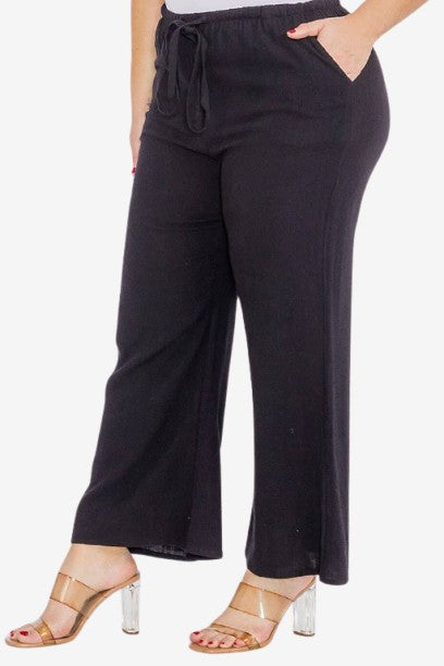 ELASTIC WAIST FRONT POCKETS WIDE LEG LINEN PANTS