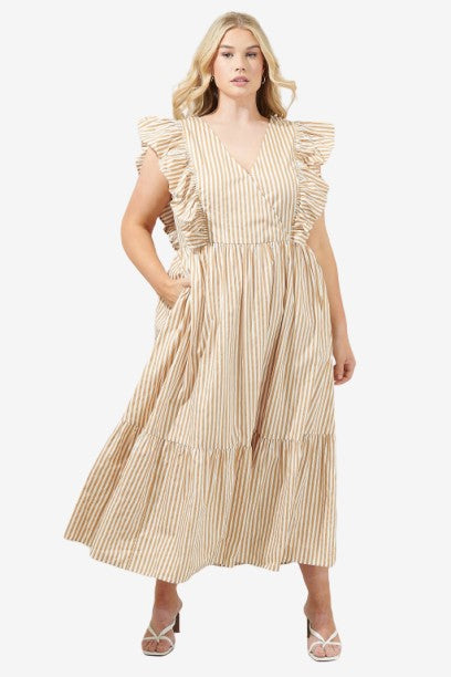 ⭐️SALE!!!⭐️ PLUS SIZE Luna Striped Fairness Taupe Poplin Surplice Midi Dress