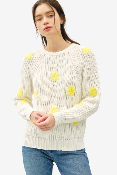 SPRING SWEATER WITH STITCHED FLORAL DETAILS