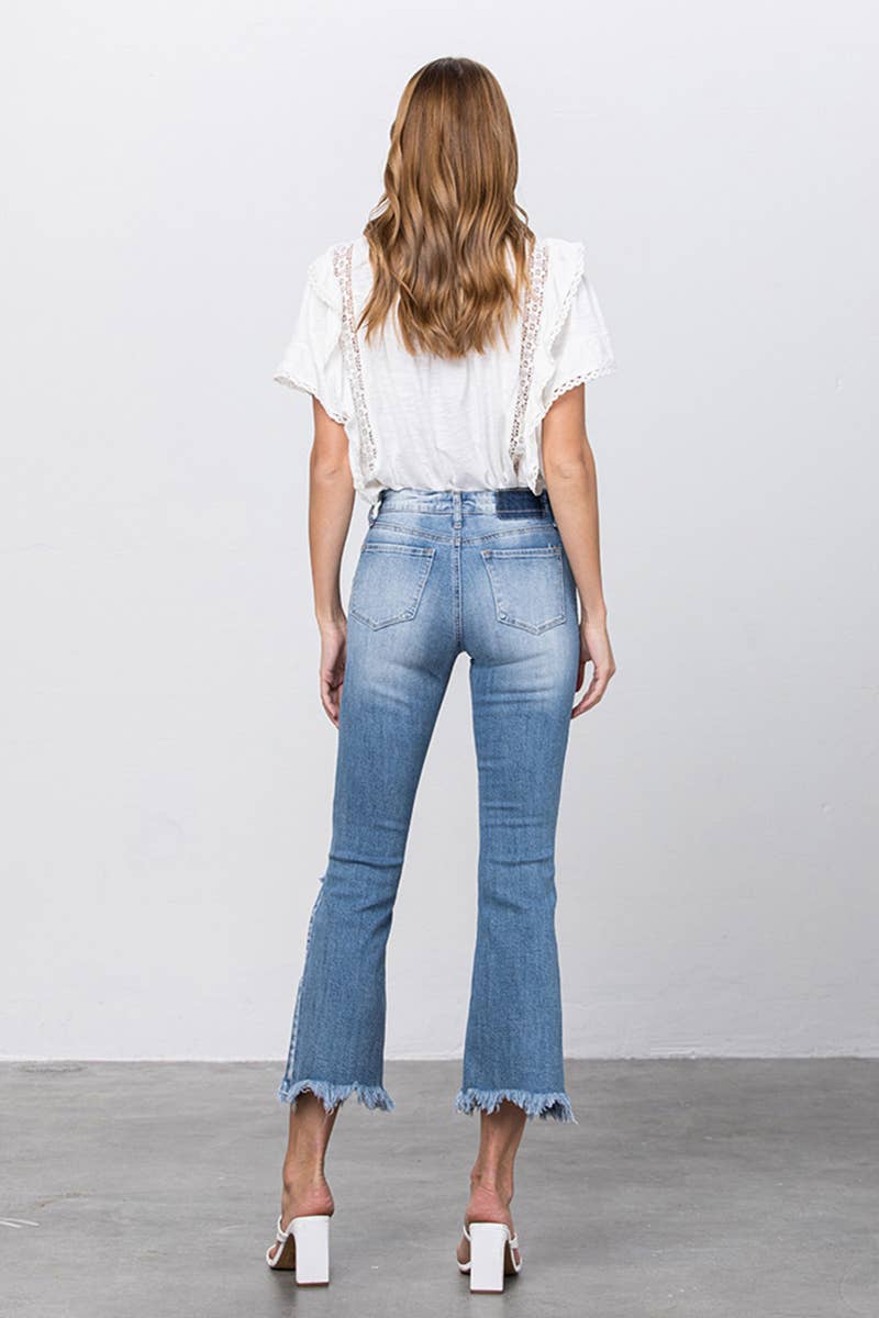 High Stretch Mid Rise Frayed Hem Distressed Crop Flare Jeans