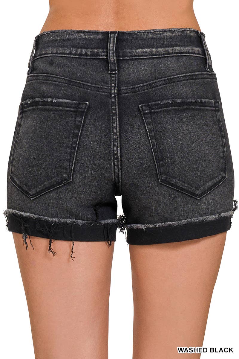 🎉SALE!!🎉 Washed Black Cuffed Raw Hem Denim Shorts