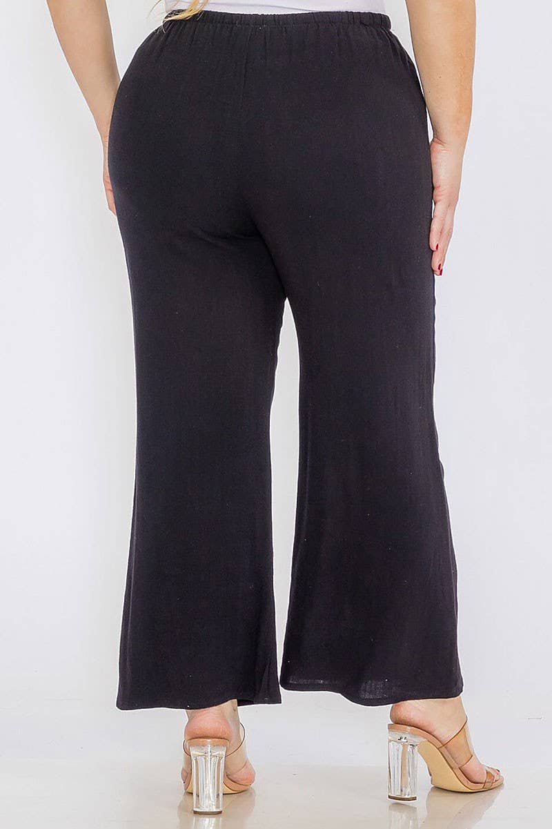 ELASTIC WAIST FRONT POCKETS WIDE LEG LINEN PANTS