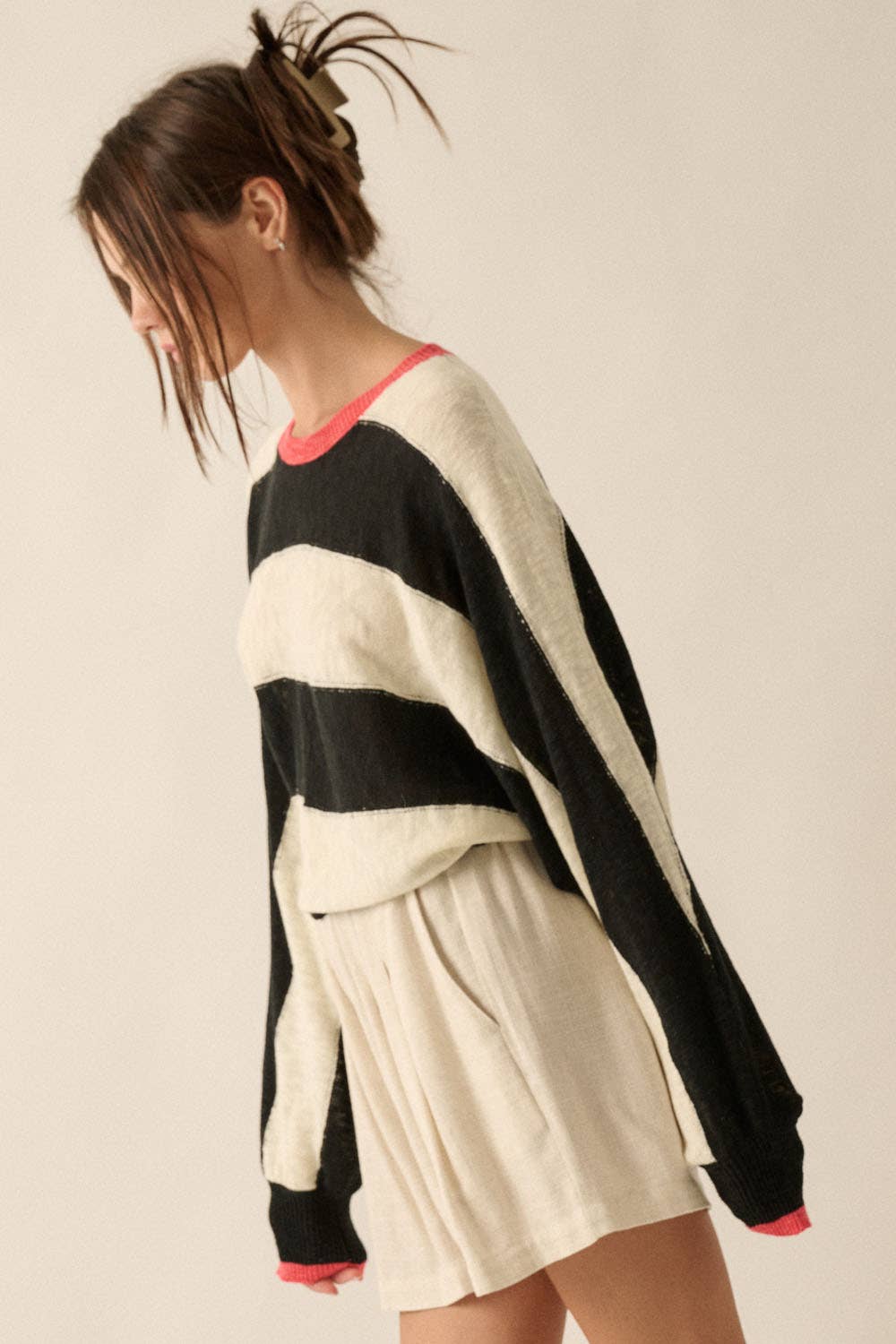 Long Dolman-Sleeve Striped Knit Sweater