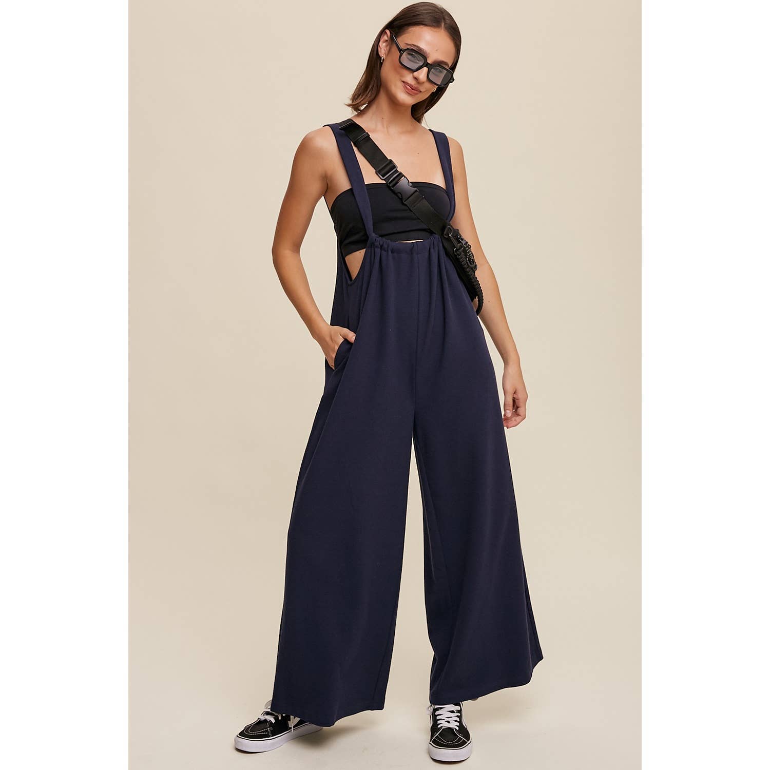 Adjustable Strap Loose Fit Knit Jumpsuit with Wide Legs and