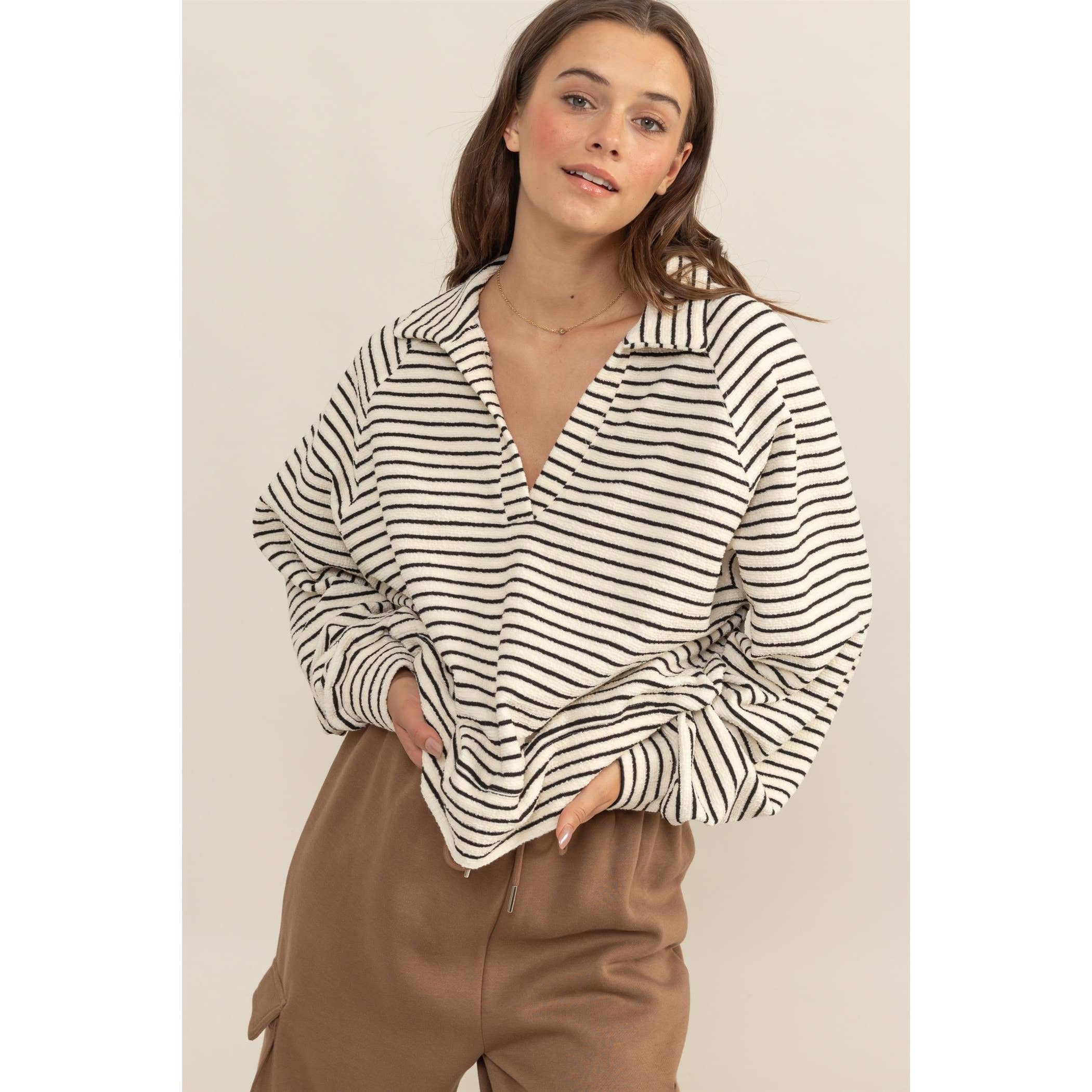 HALF-PLACKET STRIPED KNIT TOP