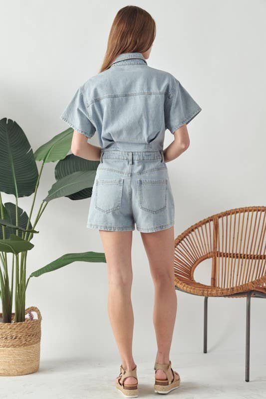 Plus Size Wash Denim Short Sleeve Romper