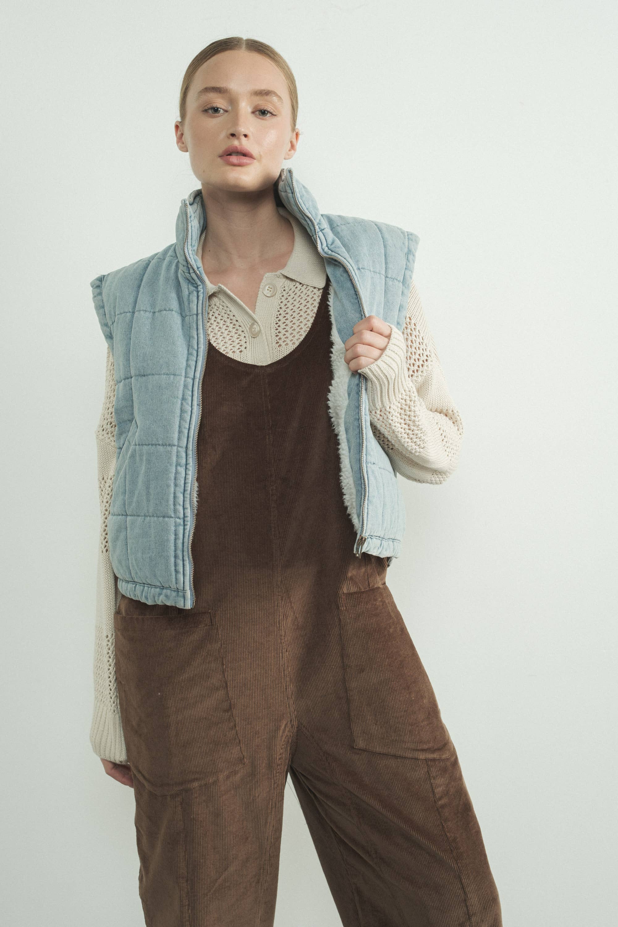 ALEXANDRA QUILTED SHERPA DENIM VEST