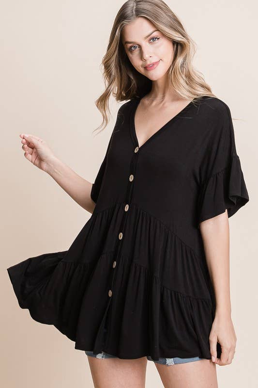 Plus Size Button Up Ruffled Babydoll Tunic Top