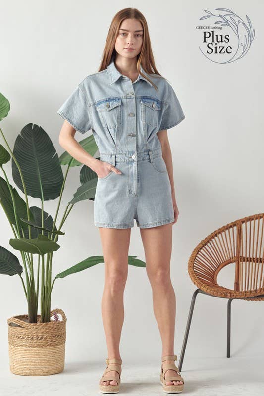 Plus Size Wash Denim Short Sleeve Romper