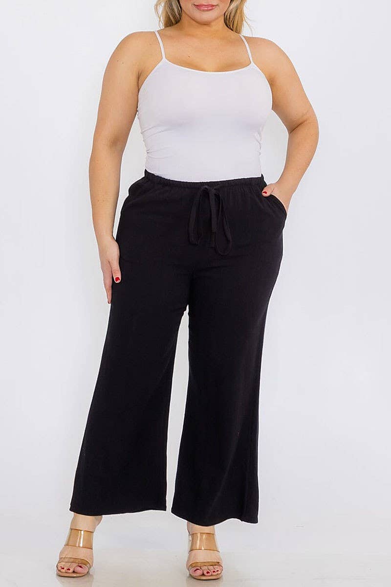 ELASTIC WAIST FRONT POCKETS WIDE LEG LINEN PANTS