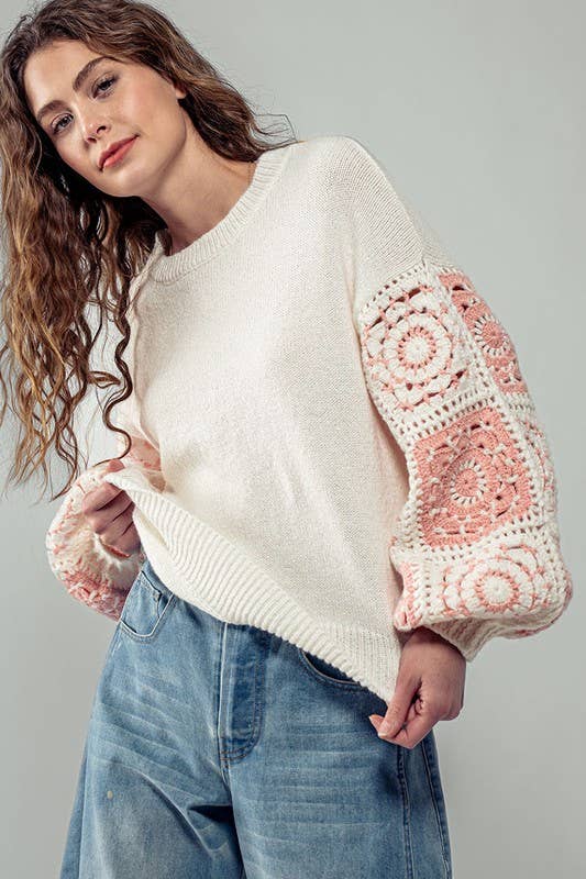 Quilt Blocked Sleeve Crewneck Sweater