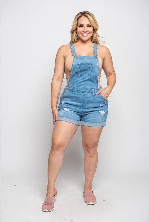 🎉SALE!!🎉 PLUS SIZE DISTRESSED STRETCH DENIM SHORT OVERALLS