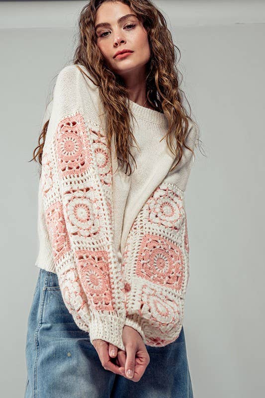 Quilt Blocked Sleeve Crewneck Sweater