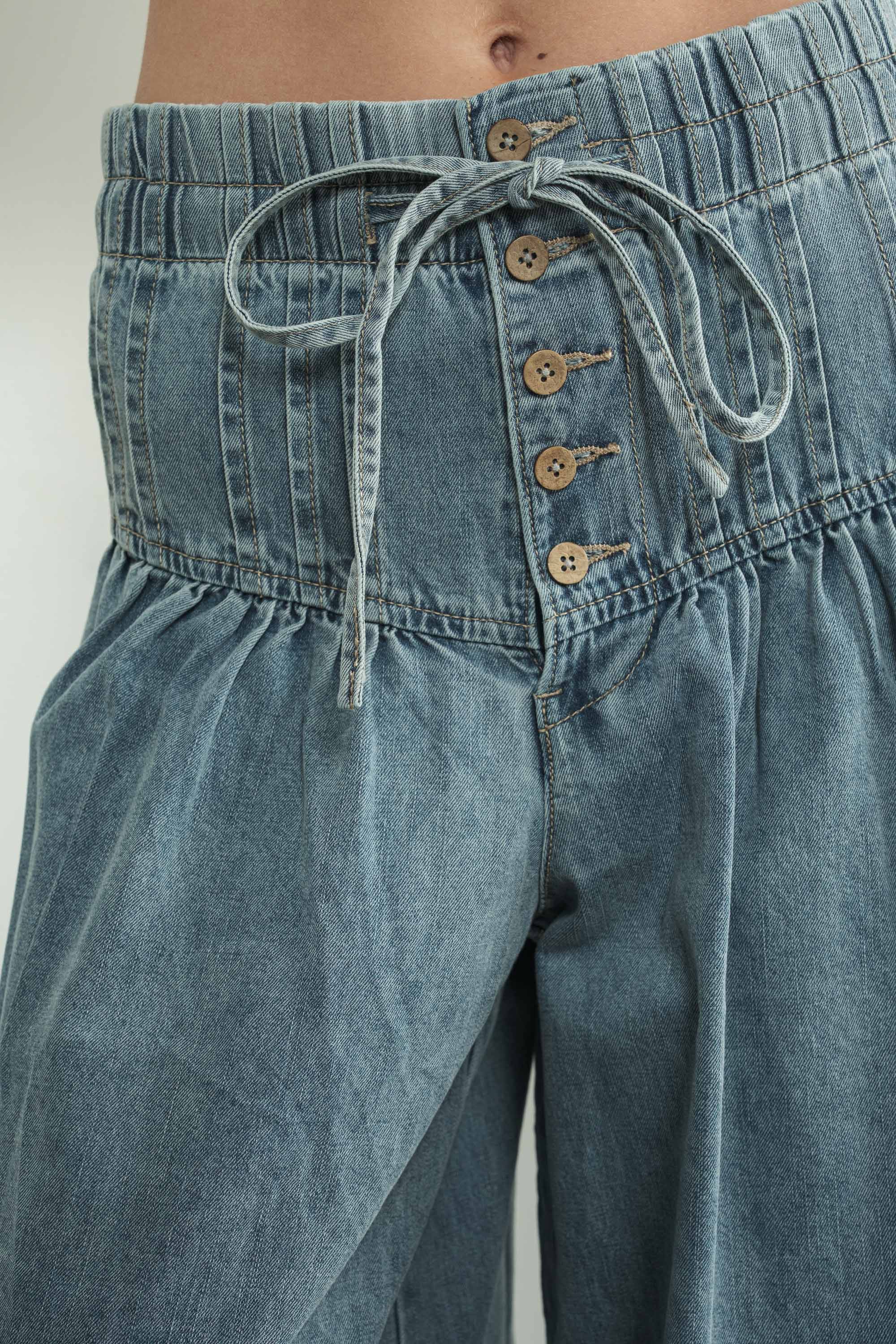 YOKE PINTUCK WIDE LEG DENIM PANTS