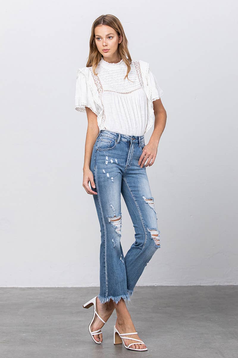 High Stretch Mid Rise Frayed Hem Distressed Crop Flare Jeans