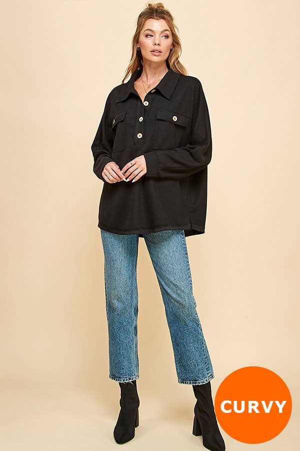 PLUS SIZE WAFFLE LONG SLEEVE TOP W/ COLLAR