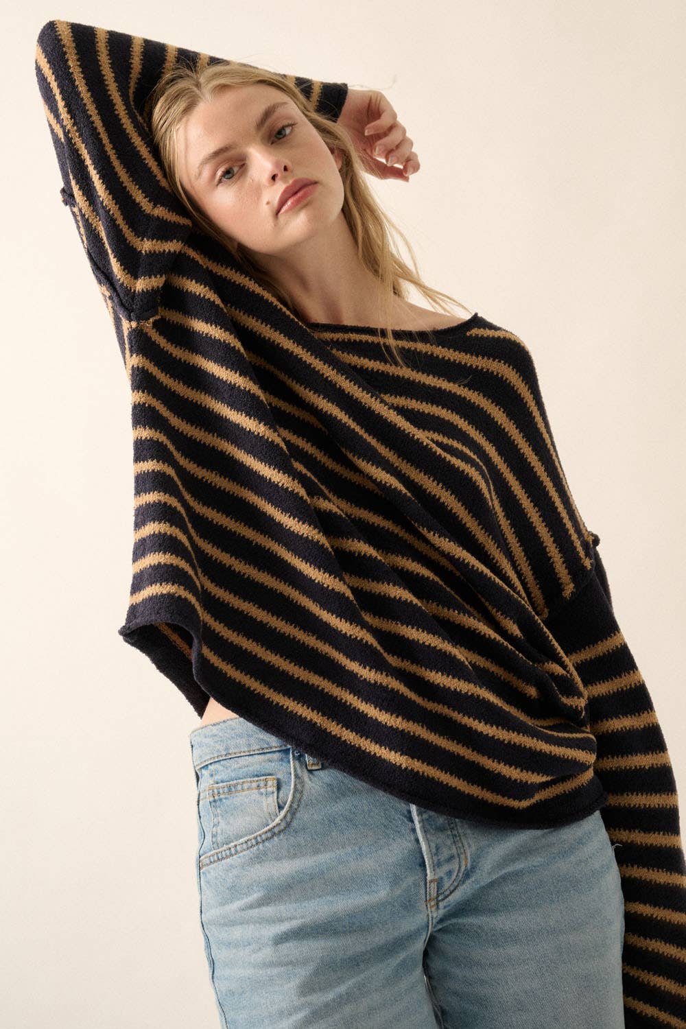 Striped Textured Knit Oversized Sweater