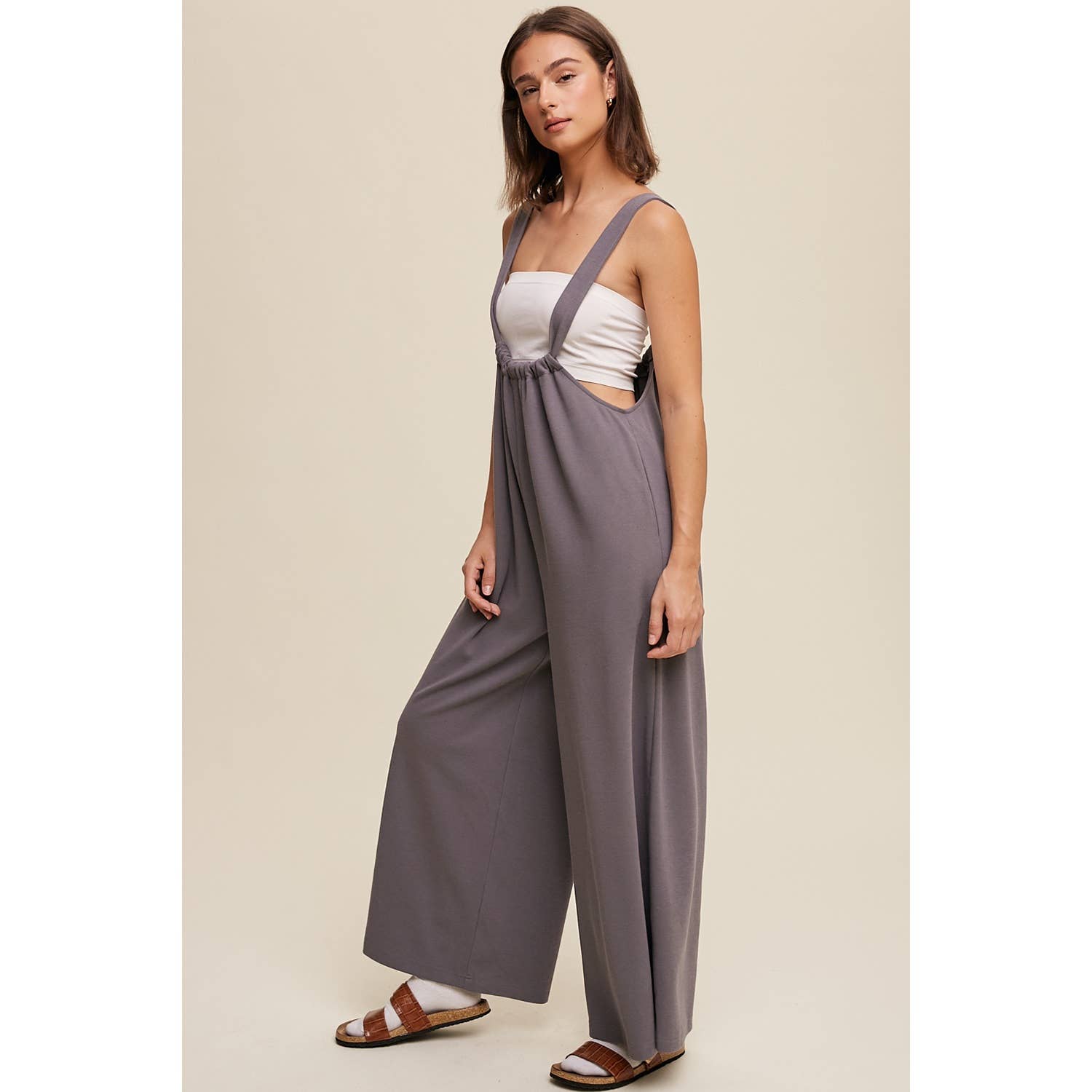 Adjustable Strap Loose Fit Knit Jumpsuit with Wide Legs and