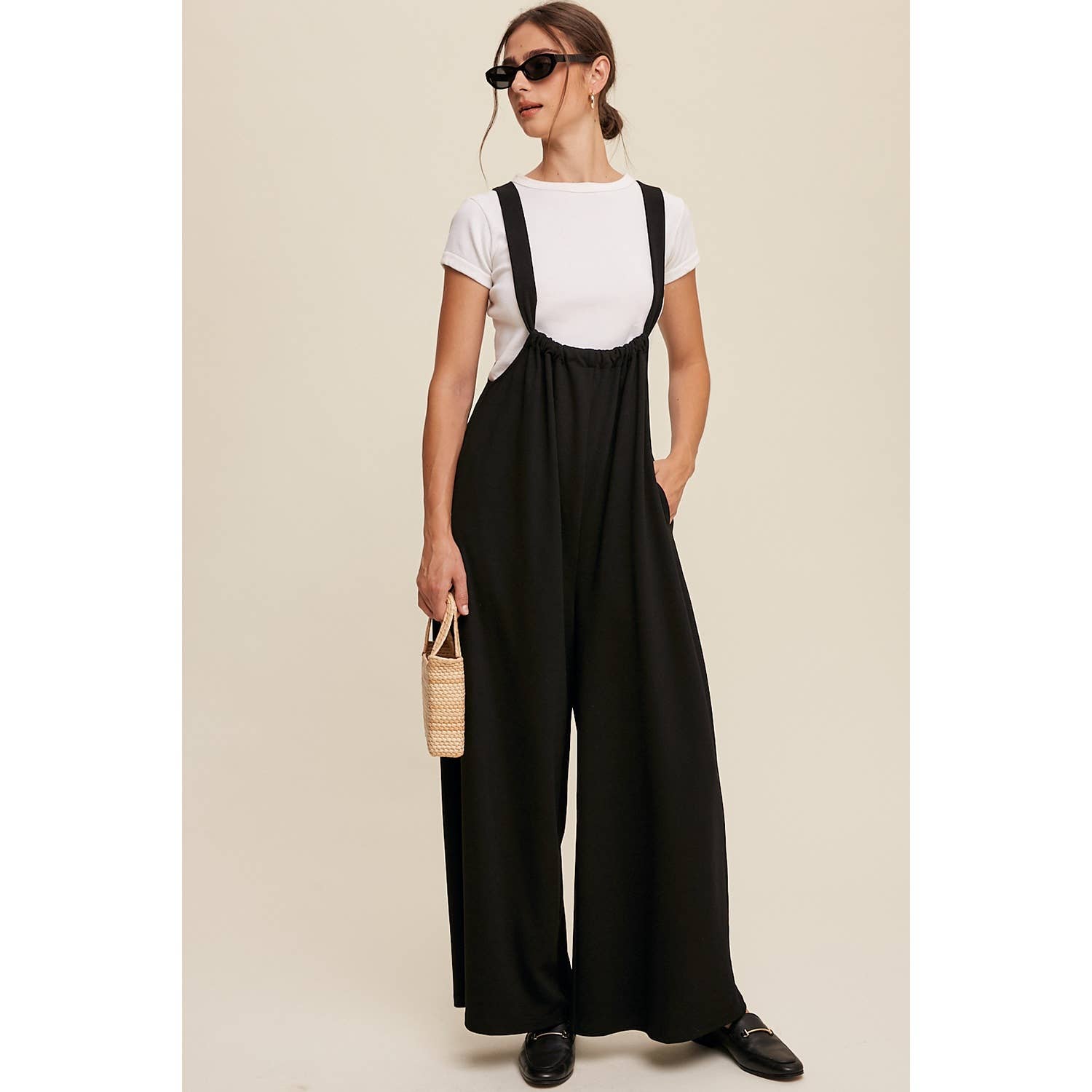 Adjustable Strap Loose Fit Knit Jumpsuit with Wide Legs and