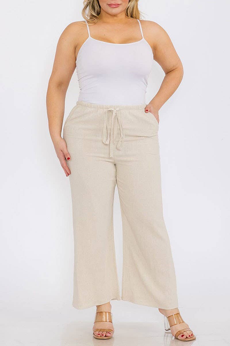 ELASTIC WAIST FRONT POCKETS WIDE LEG LINEN PANTS