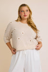 PLUS ROUND NECK SHORT SLEEVE FLOWER SWEATER TOP