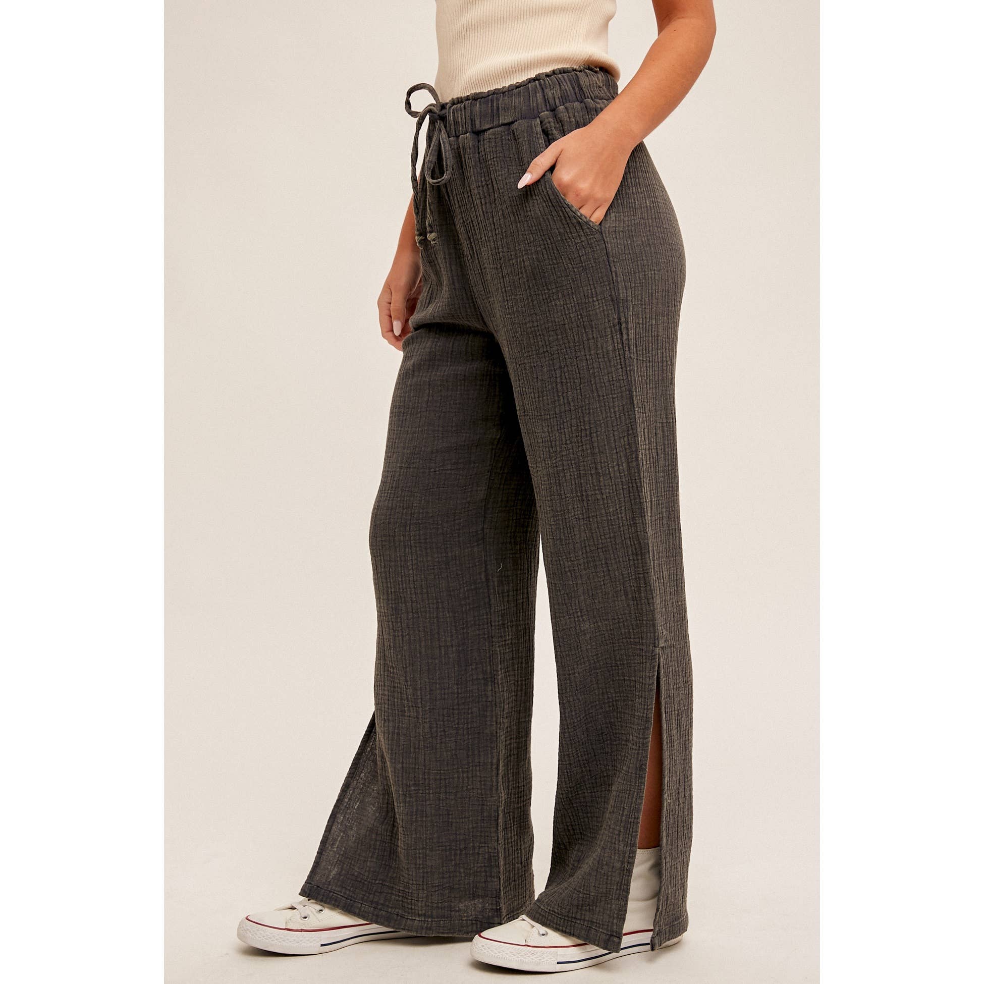 SNOW WASHED ELASTIC WAISTBAND SLIT SIDE PULL-ON PANTS