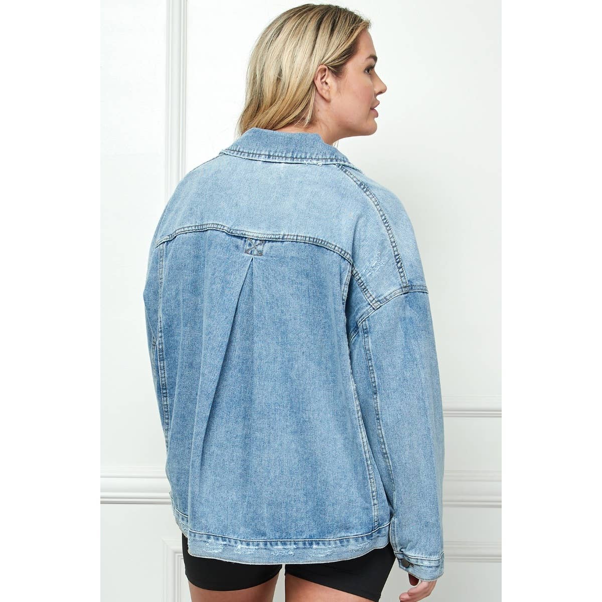 Plus Size Oversize Pleated Back Color Denim Jacket